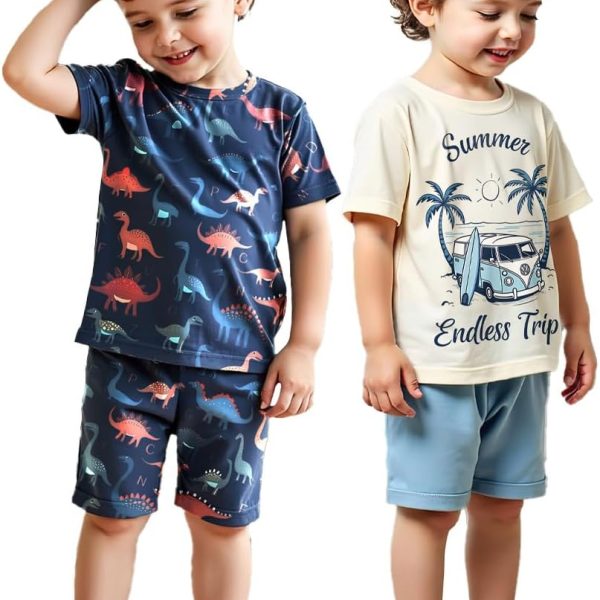 Xulinova 2 pack boys summer outfit set, dinosaur & car print t-shirts and shorts, 4pcs breathable clothes for 4–7Y, طقم العيد للأولاد, طقم ديناصور أولاد, ملابس أولاد صيفية, ملابس أطفال