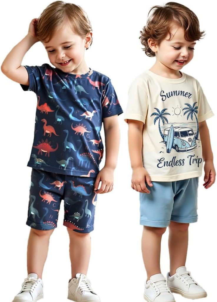 Xulinova 2 pack boys summer outfit set, dinosaur & car print t-shirts and shorts, 4pcs breathable clothes for 4–7Y, طقم العيد للأولاد, طقم ديناصور أولاد, ملابس أولاد صيفية, ملابس أطفال