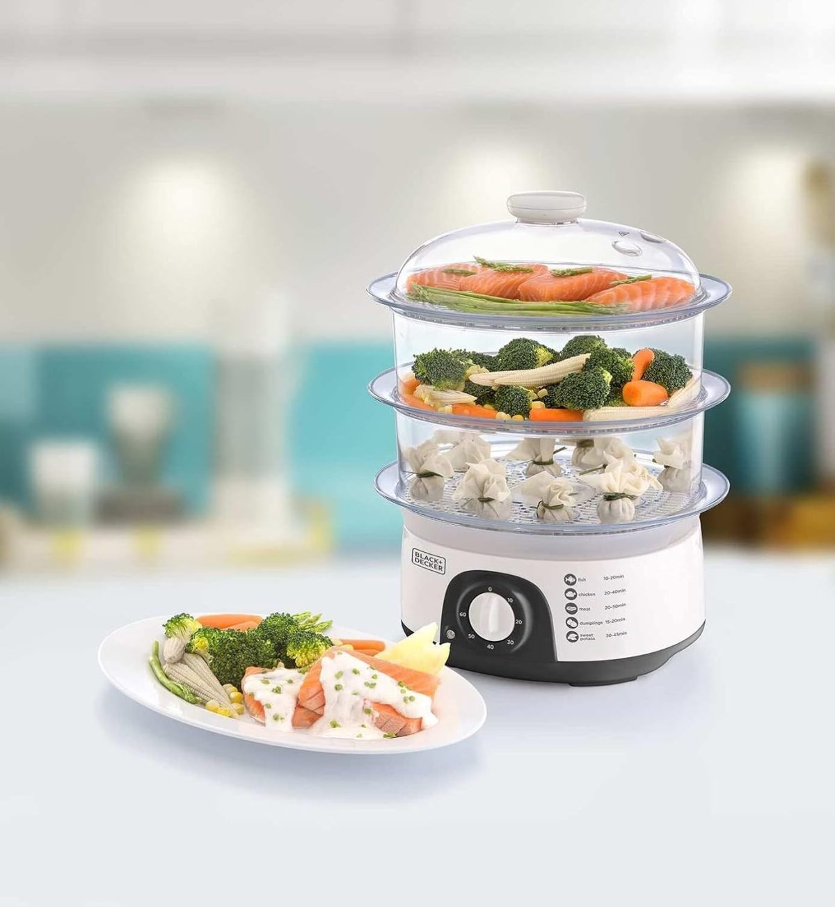 ⁦BLACK+DECKER Food Steamer,775W, 10L 3-Tier Detachable Design, Timer Control, Quick & Easy Meal Prep, Dishwasher Safe, Lightweight 1.98 Kg, 220-240V, Efficient and Compact, White - HS6000-B5⁩ - الصورة ⁦4⁩