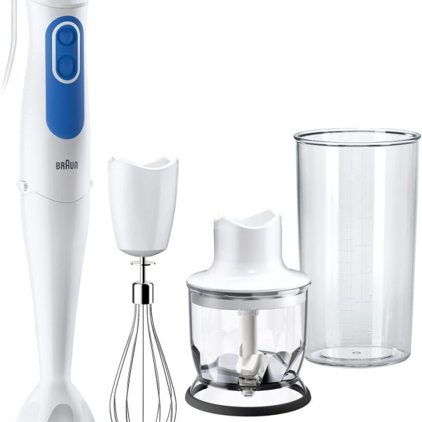 Braun Multi Quick 3, 700W, 2 Speeds, Hand Blender, 0.600L Beaker, Stainless Steel Whisk, 0.350L Chopper, MQ3025WH, White