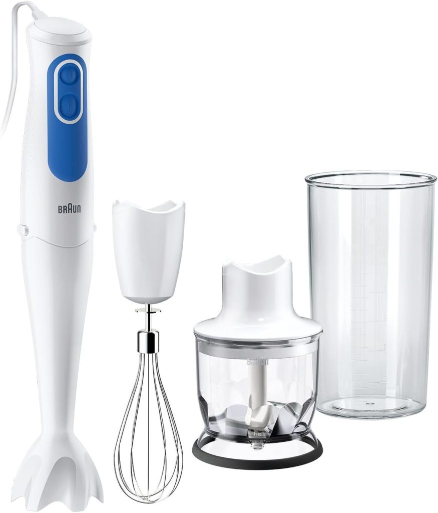 Braun Multi Quick 3, 700W, 2 Speeds, Hand Blender, 0.600L Beaker, Stainless Steel Whisk, 0.350L Chopper, MQ3025WH, White