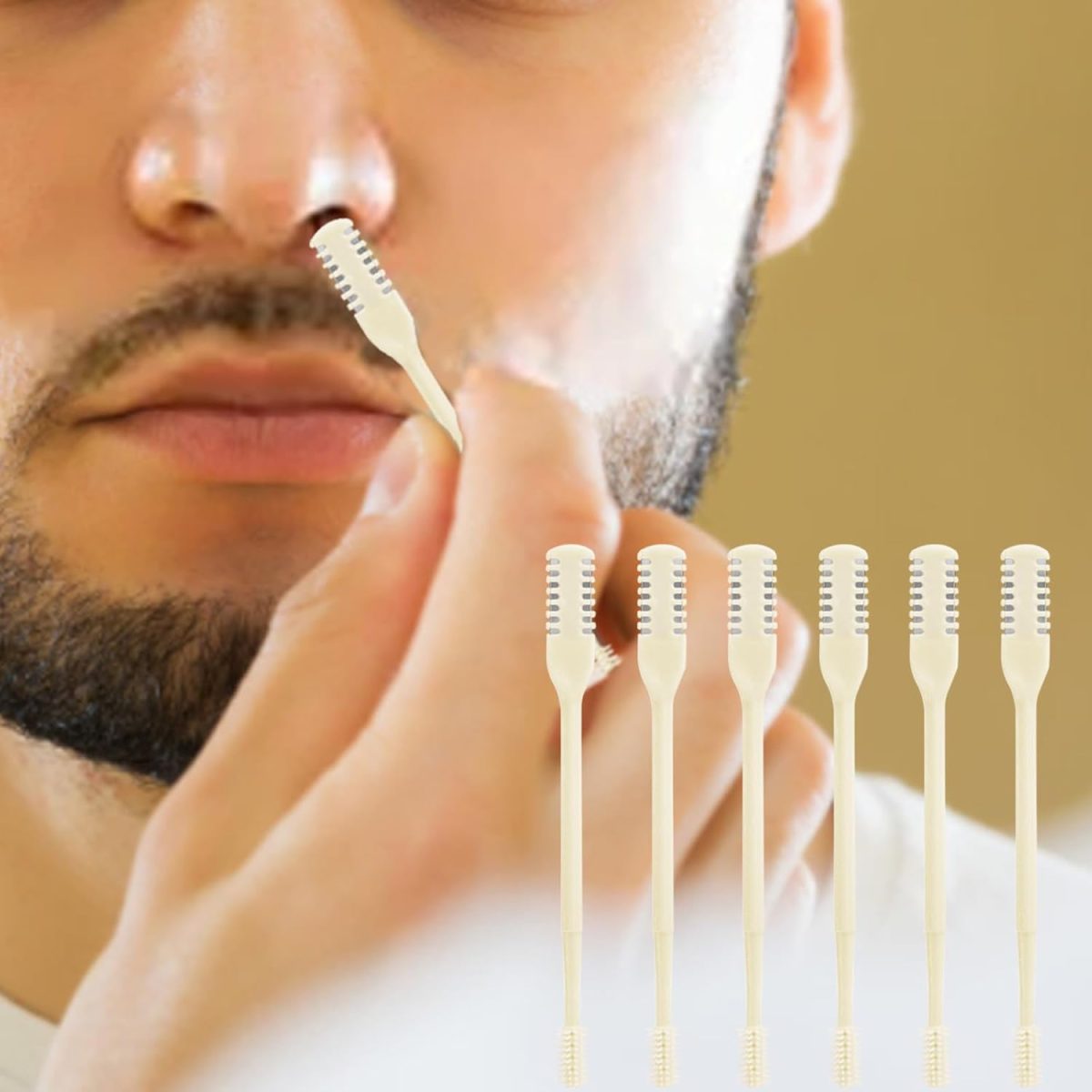 ⁦ALMEKAQUZ 6Pcs 2-in-1 Nasal Hair Cutter, Upgrade Double Sided Nose Hair Knife, 360° Nostril Hair Remover Tool, Nose Hair Trimmer, Nasal Hair Cutter for Men Women, with Soft Cleaning Brush (Cream)⁩ - الصورة ⁦5⁩