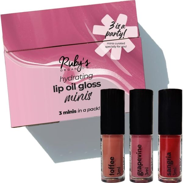 Ruby's Organics Lip Beauty Gift Kit- Lip Oil Glossy Minis Sunset, Moisturizing, Long Lasting, Non Sticky & Non Drying, Natural Lip Makeup, Paraben Free - Sangria, Grapevine and Toffee Shades