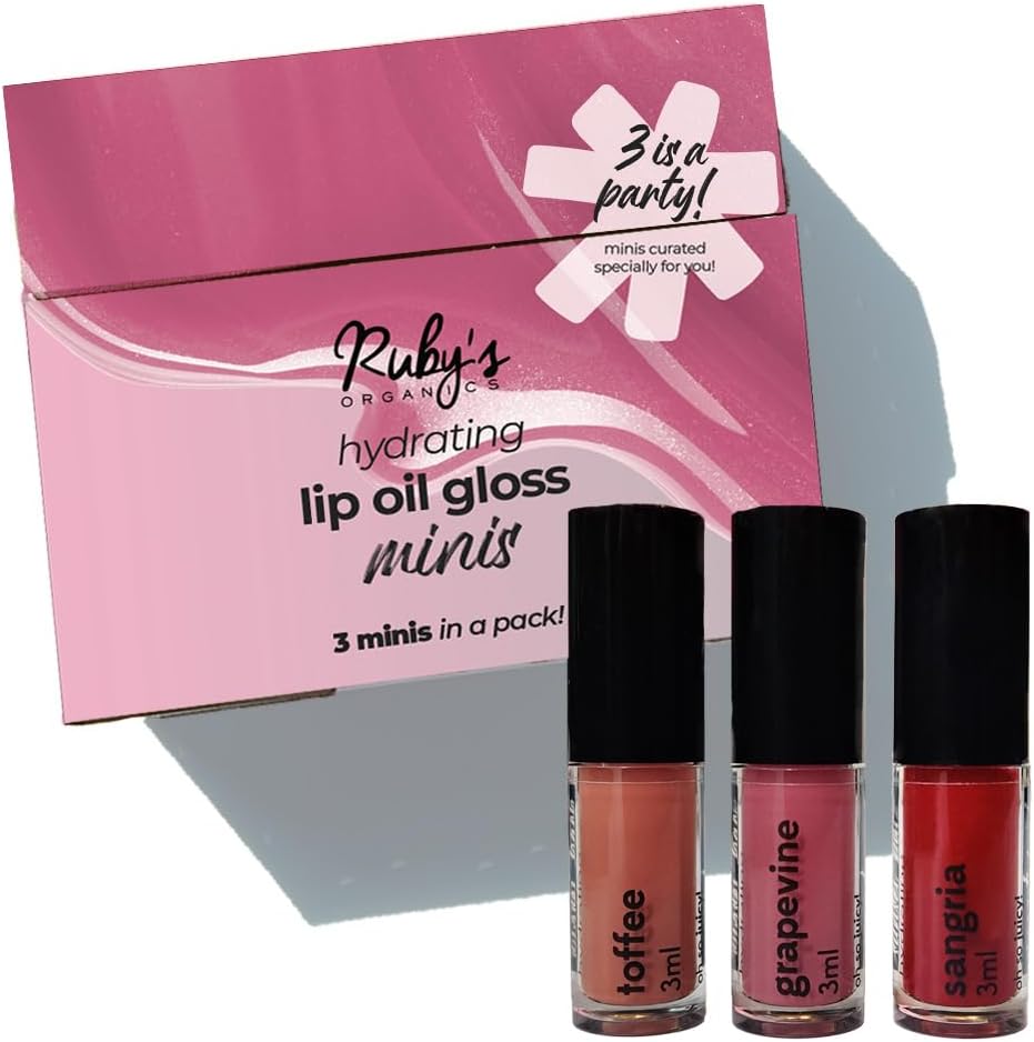 Ruby's Organics Lip Beauty Gift Kit- Lip Oil Glossy Minis Sunset, Moisturizing, Long Lasting, Non Sticky & Non Drying, Natural Lip Makeup, Paraben Free - Sangria, Grapevine and Toffee Shades