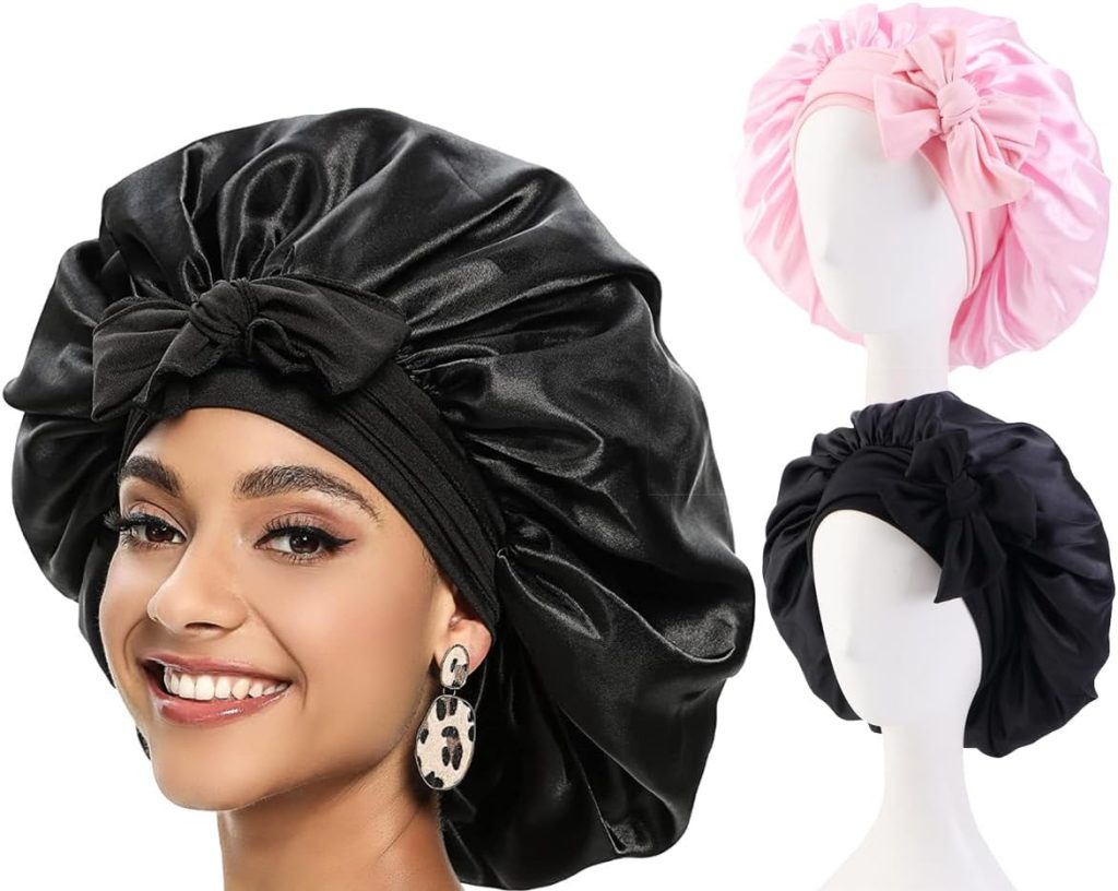ECVV Satin Bonnet for Sleeping, Silk Hair Caps with Elastic Tie Band, Natural Curly Hair, Pink and Black