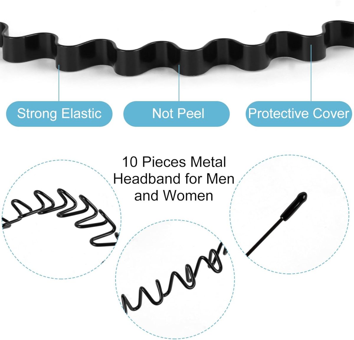 ⁦fenshine Metal Hair Bands Feather Wavy Headband Unisex Black Wavy Headband Polished Backwards Non-Slip Sports Hair Band for Women Men 6 Pack⁩ - الصورة ⁦3⁩
