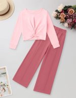⁦Gaupafmb Girls Fall Outfits Fashion Solid Long Sleeve Twist Crop Tops and Wide Leg Pants Girls Clothing Set⁩ - الصورة ⁦7⁩