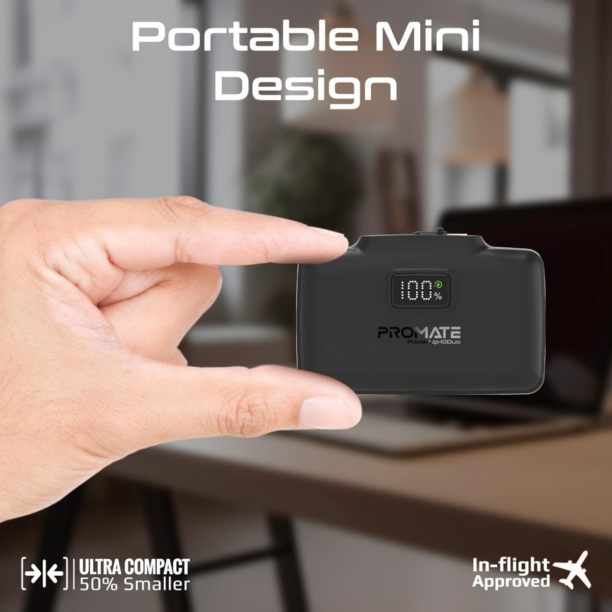 ⁦Promate 10000mAh Power Bank, Compact with 20Watt USB-C™ In/Out Foldable Connector, 20Watt Lightning Foldable Connector, Ultra-Fast 20Watt USB-C™In/Out Port, Charge Protection, LED Display (Black)⁩ - الصورة ⁦7⁩