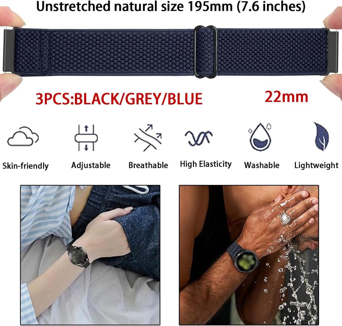 ⁦Duomama Adjustable Nylon Solo Loop Watch Bands for Men - Compatible with 22mm - Quick Release Replacement Wristband - Stretchy Fabric Braided Sport Elastic Straps⁩ - الصورة ⁦7⁩