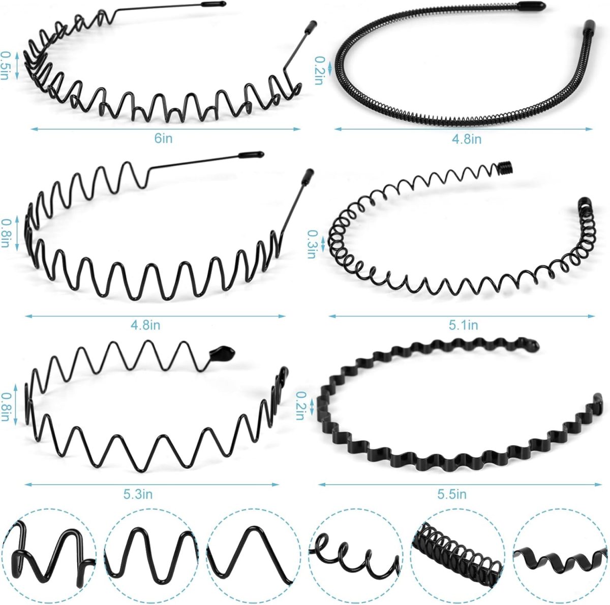 ⁦fenshine Metal Hair Bands Feather Wavy Headband Unisex Black Wavy Headband Polished Backwards Non-Slip Sports Hair Band for Women Men 6 Pack⁩ - الصورة ⁦2⁩