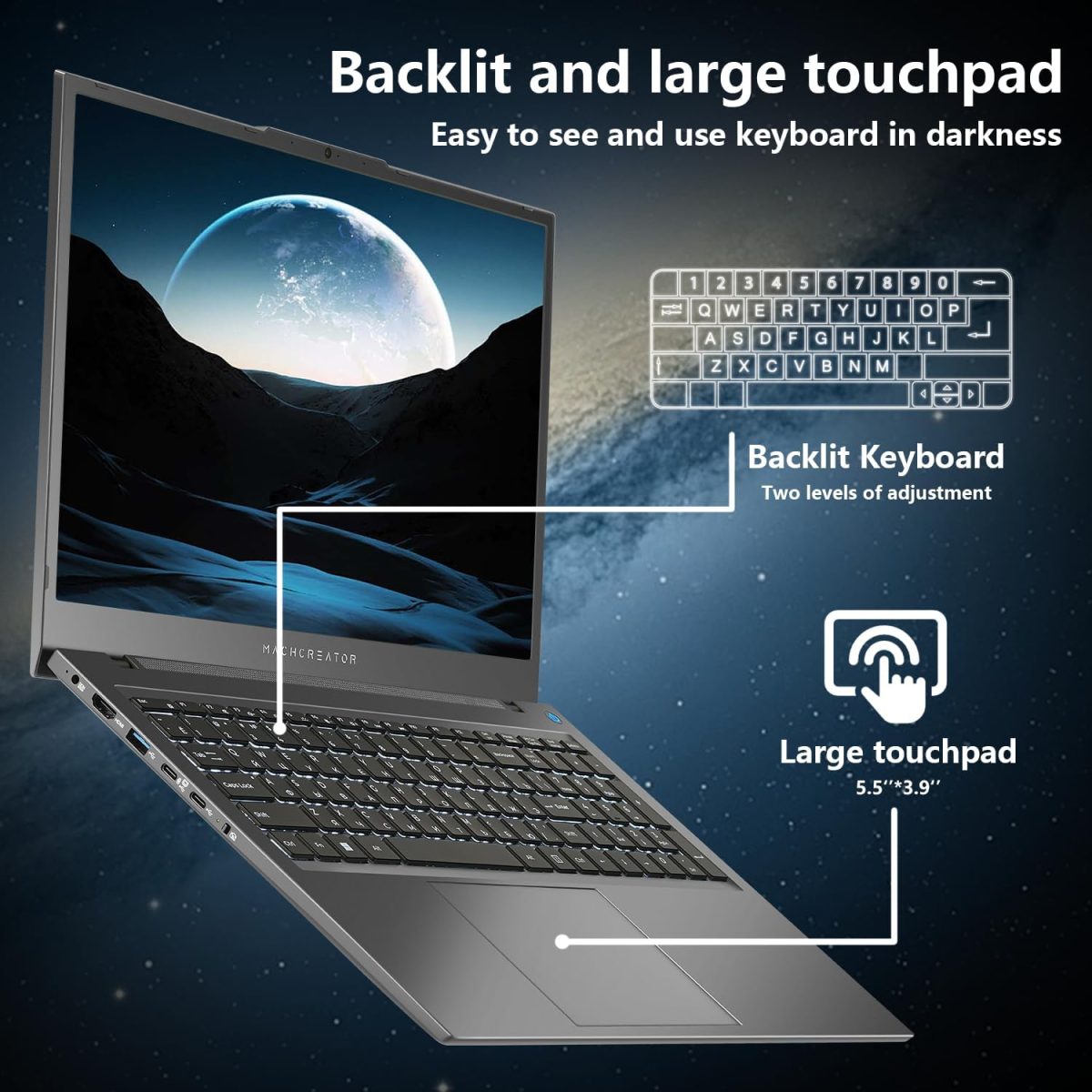 ⁦Machenike 17.3’’ Laptop, Intel Processor, 16GB DDR5 RAM, 1TB SSD, Backlit Keyboard, Large-Screen with 120Hz Refresh Rate, Perfect for Work, School, and Streaming, Windows 11 Home, Modern Grey⁩ - الصورة ⁦3⁩