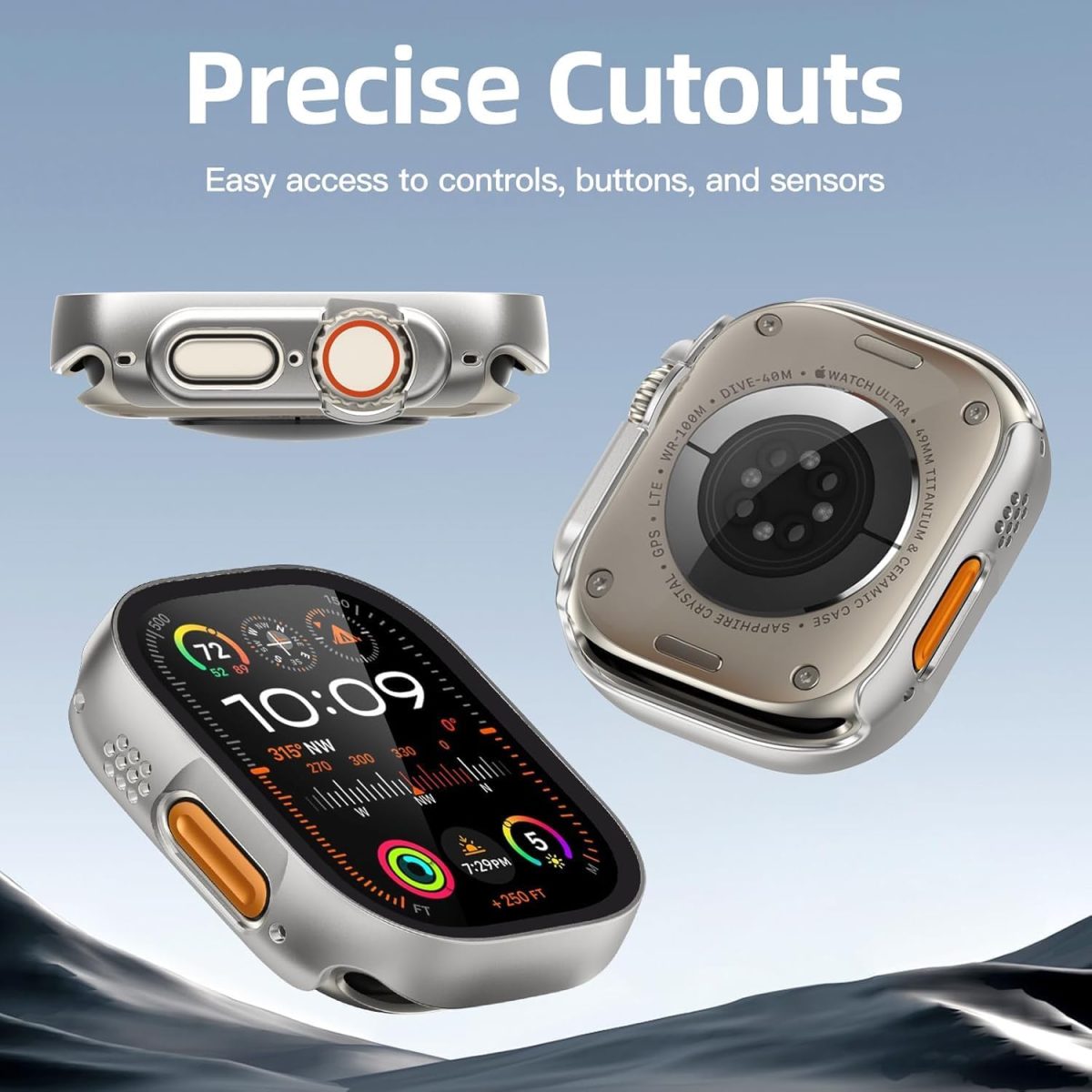 ⁦[3 Pack] Tempered Glass Case for Apple Watch Ultra/Ultra 2 Screen Protector 49mm, Hard PC Face Cover Overall Protection Anti-Scratch Bumper Cases for iWatch 49mm, Black/Clear/Titanium⁩ - الصورة ⁦3⁩