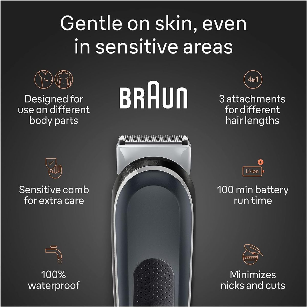 ⁦Braun Body Groomer 5 for Men, BG5340, Manscaping Tool, SkinShield Technology, Sensitive Comb, Lifetime Sharp Metal Blade, Body Groomer for Men, Gray/White⁩ - الصورة ⁦3⁩