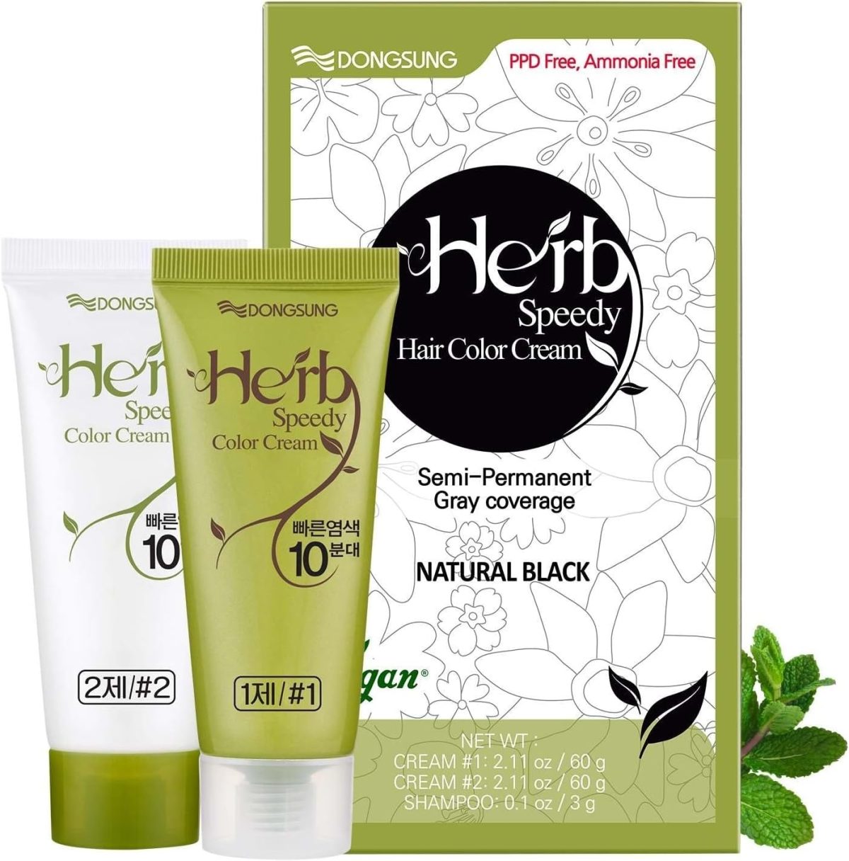 Dongsung Herb Speedy Color Cream PPD-Free Ammonia-Free Vegan Gray Coverage Hair Dye with Sun Protection, Odorless, Gentle for Sensitive Scalp, No Eye or Scalp Irritation (Natural Black)