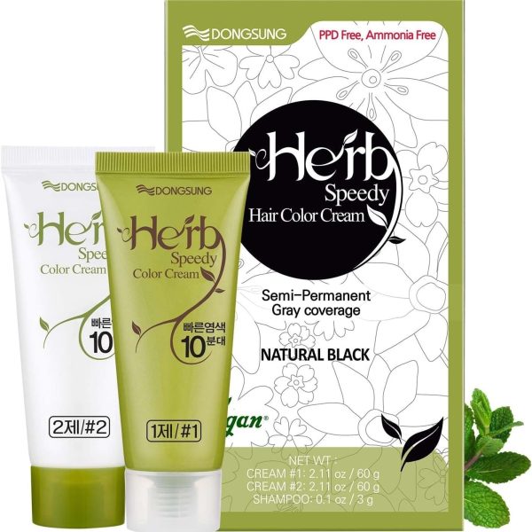 Dongsung Herb Speedy Color Cream PPD-Free Ammonia-Free Vegan Gray Coverage Hair Dye with Sun Protection, Odorless, Gentle for Sensitive Scalp, No Eye or Scalp Irritation (Natural Black)