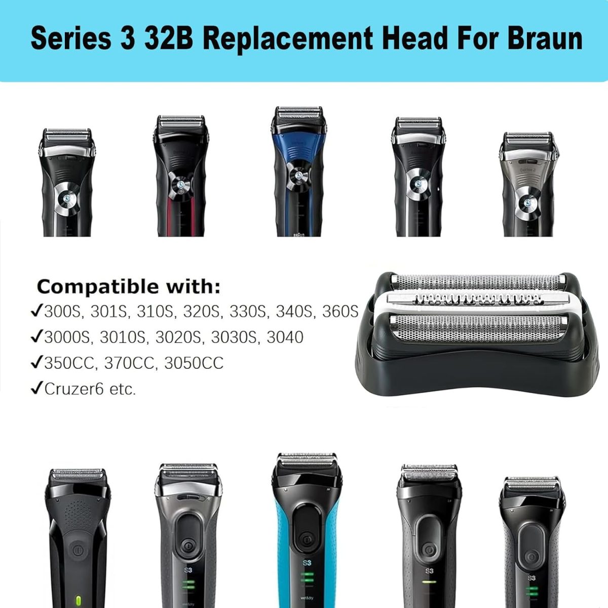 ⁦Series 3 32B Replacement Shaver Head for Braun, Foil & Cutter Razor Replacement Head, Compatible with Braun 301S, 310S, 320S, 330S, 340S, 360S, 3000S, 3010S, 30S, 3020S, 350CC, 370CC, 3050CC (2 PACK)⁩ - الصورة ⁦7⁩