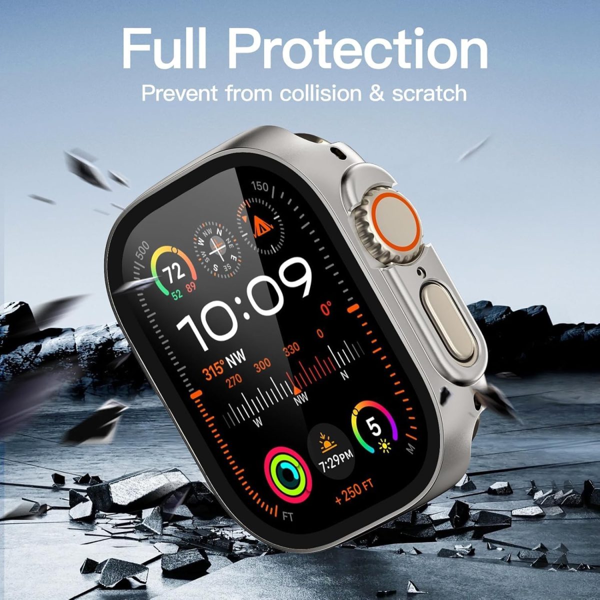 ⁦[3 Pack] Tempered Glass Case for Apple Watch Ultra/Ultra 2 Screen Protector 49mm, Hard PC Face Cover Overall Protection Anti-Scratch Bumper Cases for iWatch 49mm, Black/Clear/Titanium⁩ - الصورة ⁦2⁩