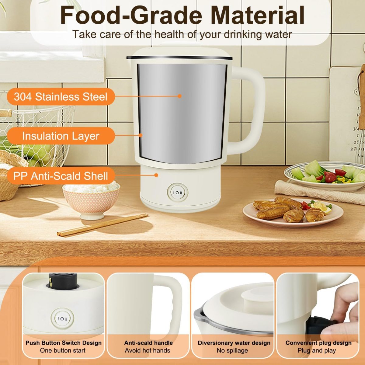 ⁦ANYOUI 4 in 1 Electric Kettle,0.8L Portable Kettle with Two Temperature Modes for Cooking, Tea, Eggs,5Mins Fast Boiling,600W Stainless Steel Kettle with Detachable Base for Camping, Travel,and Office⁩ - الصورة ⁦5⁩