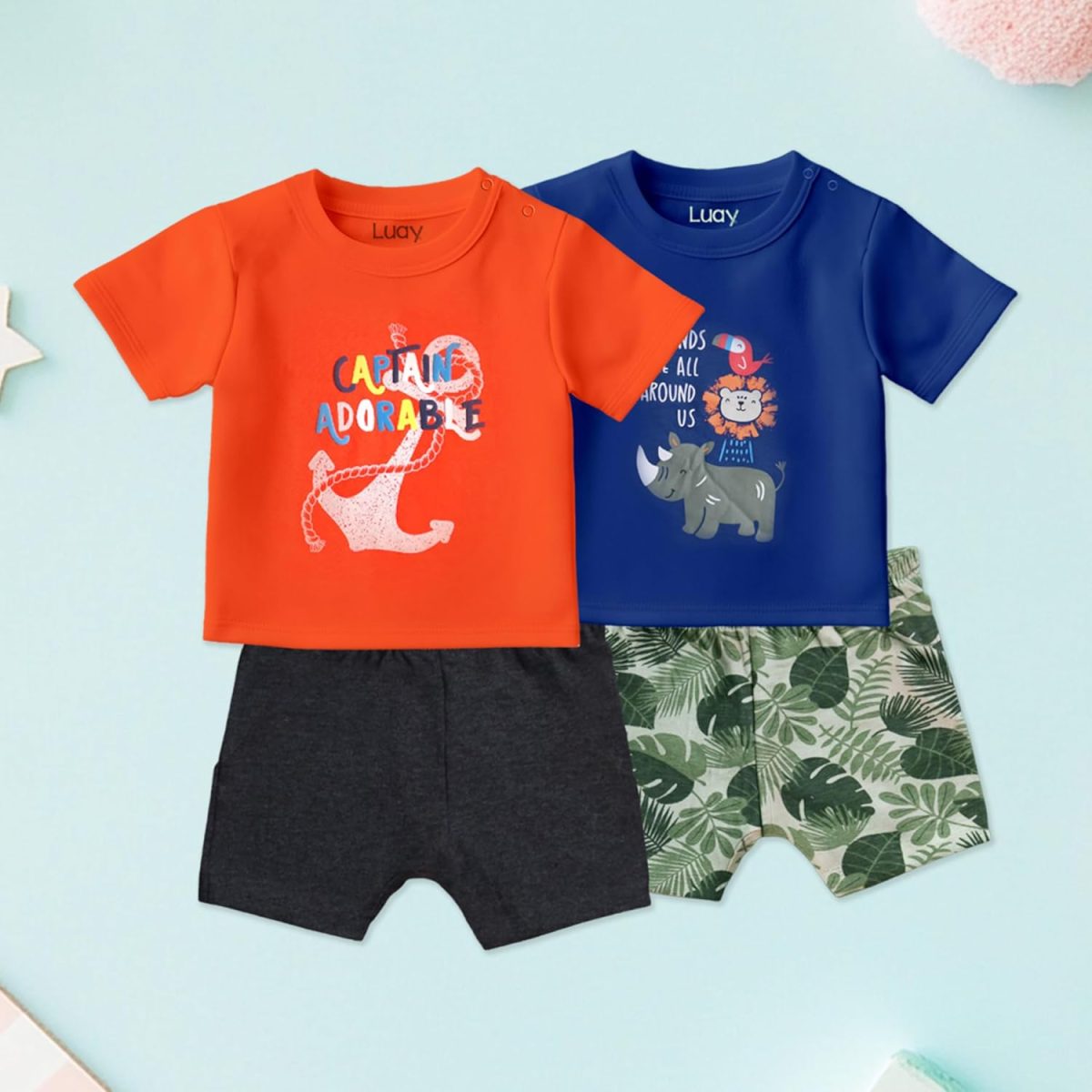 ⁦LUAY 100% Organic Cotton Baby Boy & Girls Clothing Set Short Sleeve Kids Clothes Boys & Girls Toddler Short Set Cute Animal Print Combo Pack Of 2 Top and Shorts Outfit For New born⁩ - الصورة ⁦2⁩