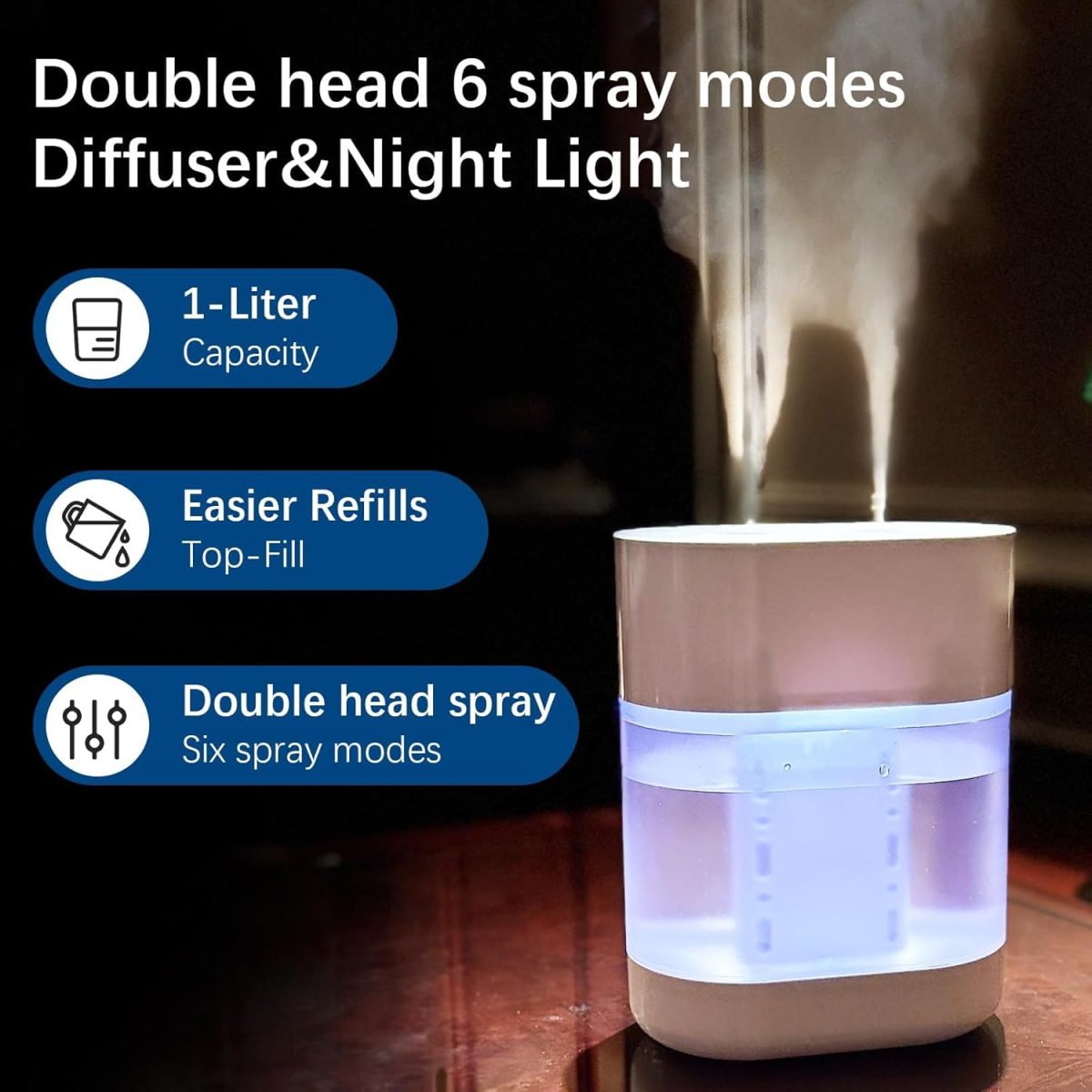 ⁦Home Humidifiers with Night Light, 1L Cold Mist Air Humidifier with Two Nozzles, 6 Modes of Aromatherapy Oil Diffuser, Automatic Shut-Off, Suitable for Home, Bedroom, Baby Room, Office⁩ - الصورة ⁦3⁩