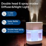 ⁦Home Humidifiers with Night Light, 1L Cold Mist Air Humidifier with Two Nozzles, 6 Modes of Aromatherapy Oil Diffuser, Automatic Shut-Off, Suitable for Home, Bedroom, Baby Room, Office⁩ - الصورة ⁦3⁩