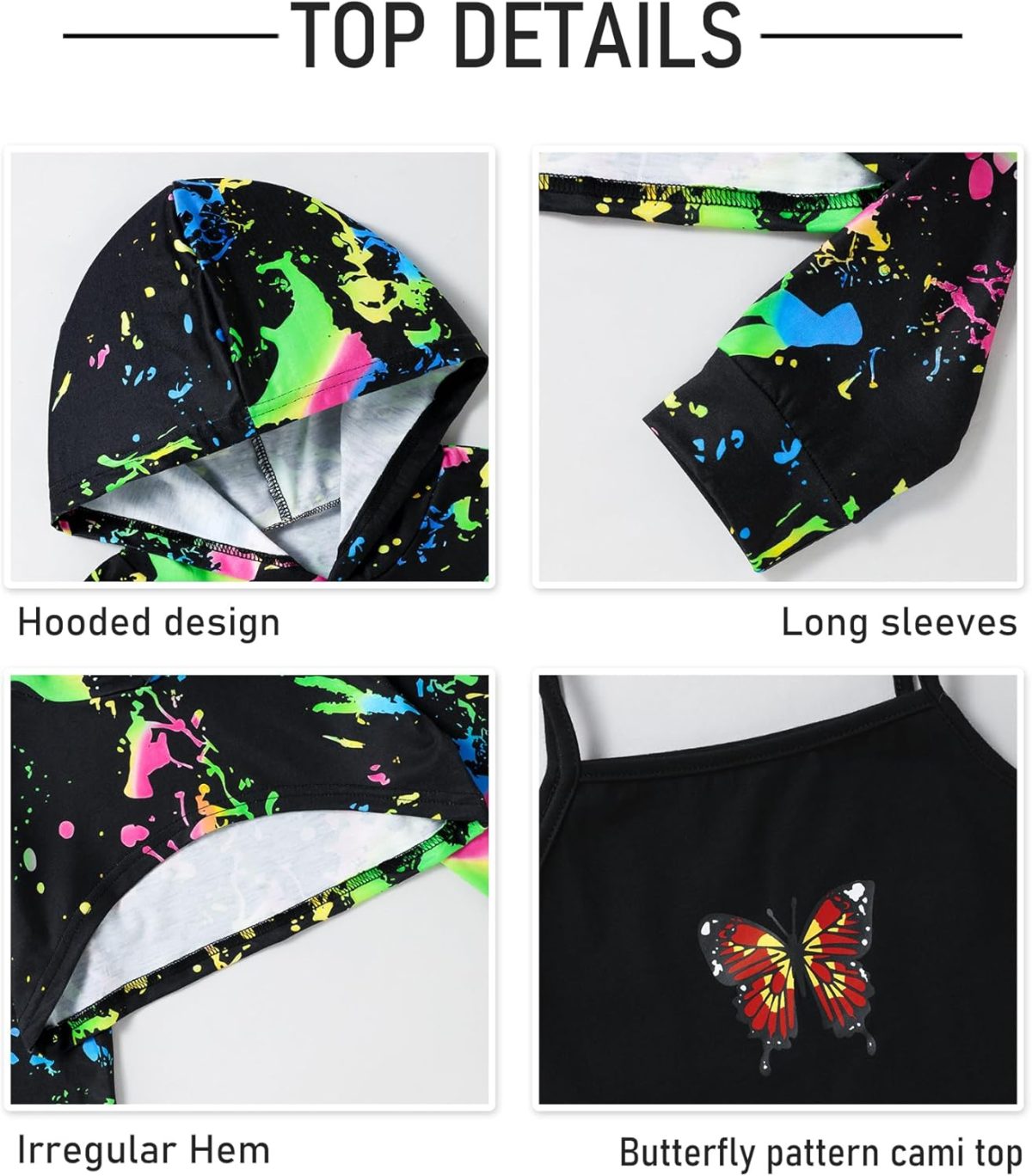 ⁦Gaupafmb Girls Clothes 3PC Tie-dye with Butterfly Print Hoodie Sweatshirt Butterfly Print Cami Tops Sweatpants Girls⁩ - الصورة ⁦2⁩