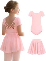MdnMd Girls Ballet Leotards Skirt Tights Combo Toddler Ballerina Dance Dresses Outfit Removable Soft with Short Sleeve