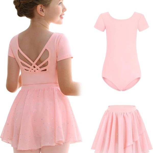 MdnMd Girls Ballet Leotards Skirt Tights Combo Toddler Ballerina Dance Dresses Outfit Removable Soft with Short Sleeve