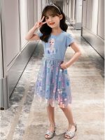 ⁦Renholin Elsa Dresses Shine Summer Dress Short Sleeve Frozen Frozen Princess Ice Princess Costume Girls Kids Party Skirt⁩ - الصورة ⁦6⁩