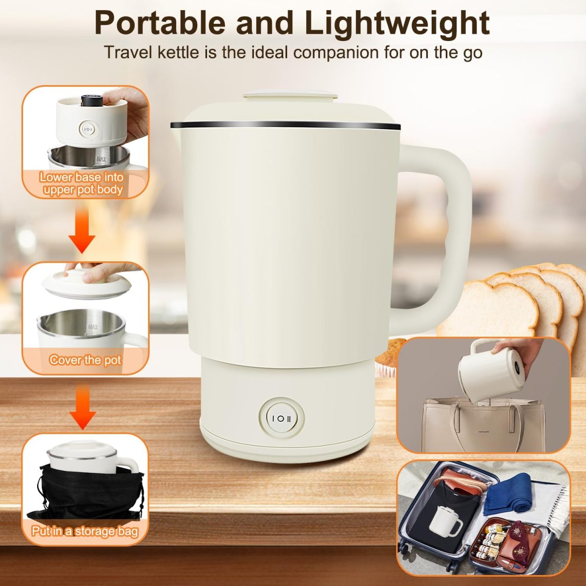 ⁦ANYOUI 4 in 1 Electric Kettle,0.8L Portable Kettle with Two Temperature Modes for Cooking, Tea, Eggs,5Mins Fast Boiling,600W Stainless Steel Kettle with Detachable Base for Camping, Travel,and Office⁩ - الصورة ⁦6⁩