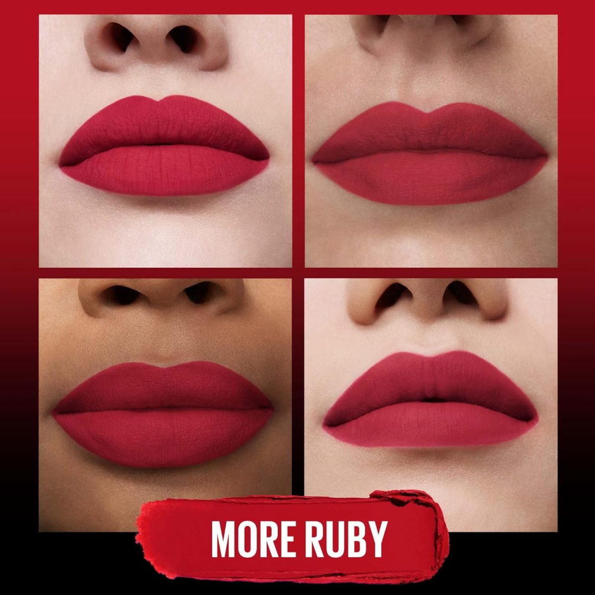 ⁦Maybelline New York Matte Lipstick, Intense Colour and, Sensational Ultimate Colour, #199 More Ruby (Red), 1 x 2g Stick⁩ - الصورة ⁦4⁩
