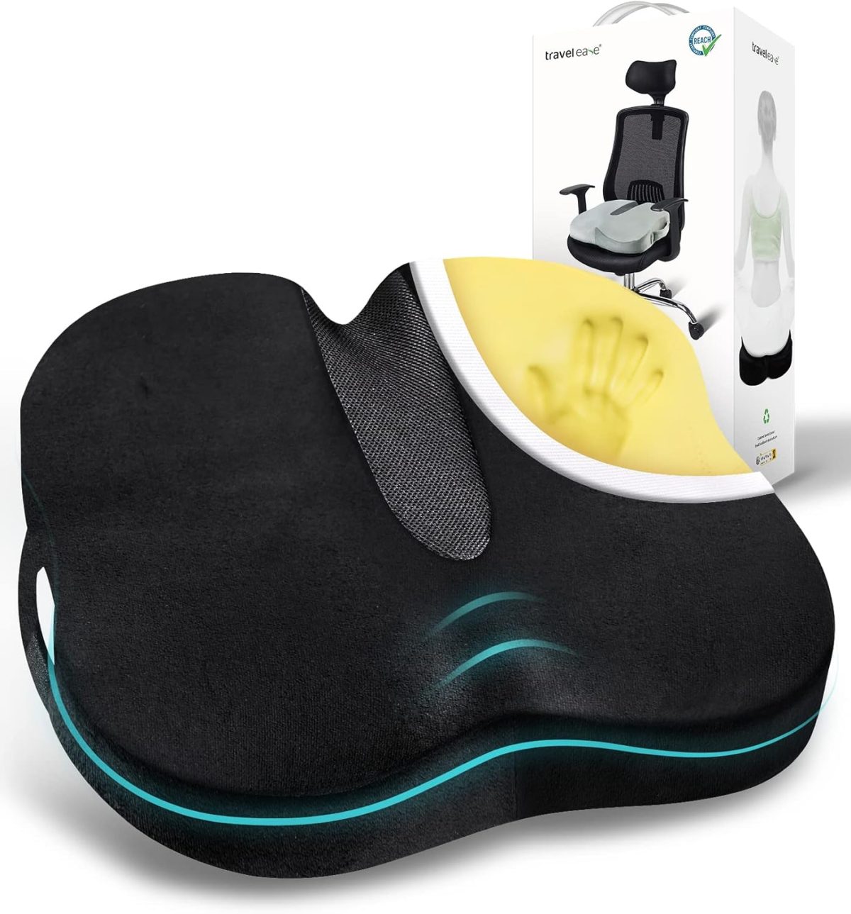 Travel Ease Ergonomic Seat Cushion, Premium Memory Foam Chair Pad with Anti-Slip Base for Long Hours Sitting Comfort, Hip Support Pillow for Office Chair, Car Seat, Home Use (Black)