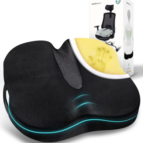 Travel Ease Ergonomic Seat Cushion, Premium Memory Foam Chair Pad with Anti-Slip Base for Long Hours Sitting Comfort, Hip Support Pillow for Office Chair, Car Seat, Home Use (Black)