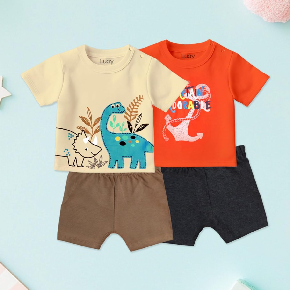 ⁦LUAY 100% Organic Cotton Baby Boy & Girls Clothing Set Short Sleeve Kids Clothes Boys & Girls Toddler Short Set Cute Animal Print Combo Pack Of 2 Top and Shorts Outfit For New born⁩ - الصورة ⁦2⁩