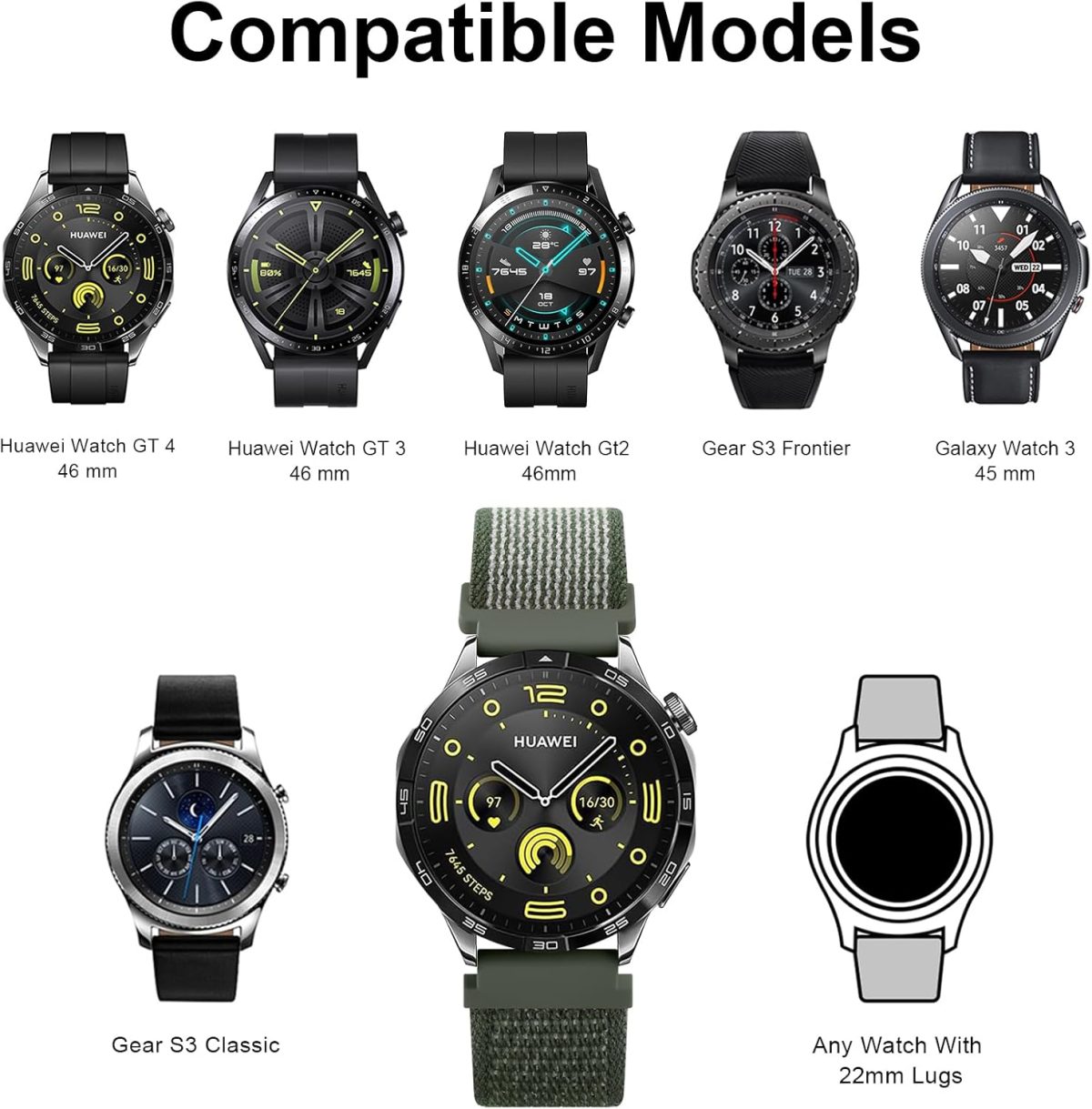 ⁦Loop Nylon Strap for Huawei GT 4 GT 3 46mm/GT 2 Pro 46mm/Samsung Galaxy Watch 3 Bands 45mm, 22mm Quick Release Nylon Bands for Huawei GT4 46mm Strap Women Men⁩ - الصورة ⁦7⁩