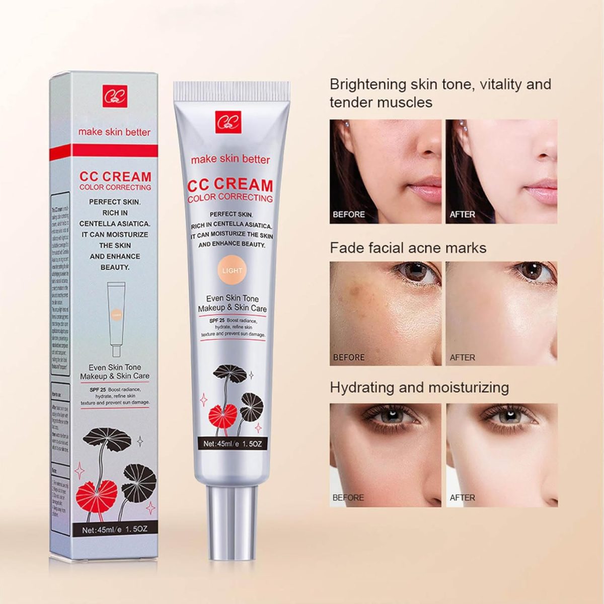 ⁦Grospe Centella Asiatica Color Correcting CC Cream Foundation Full Coverage Invisible Pores Long-Lasting Makeup Moisturising CC Cream for Naturally Glowing Skin 45ml (#1 Dark)⁩ - الصورة ⁦6⁩