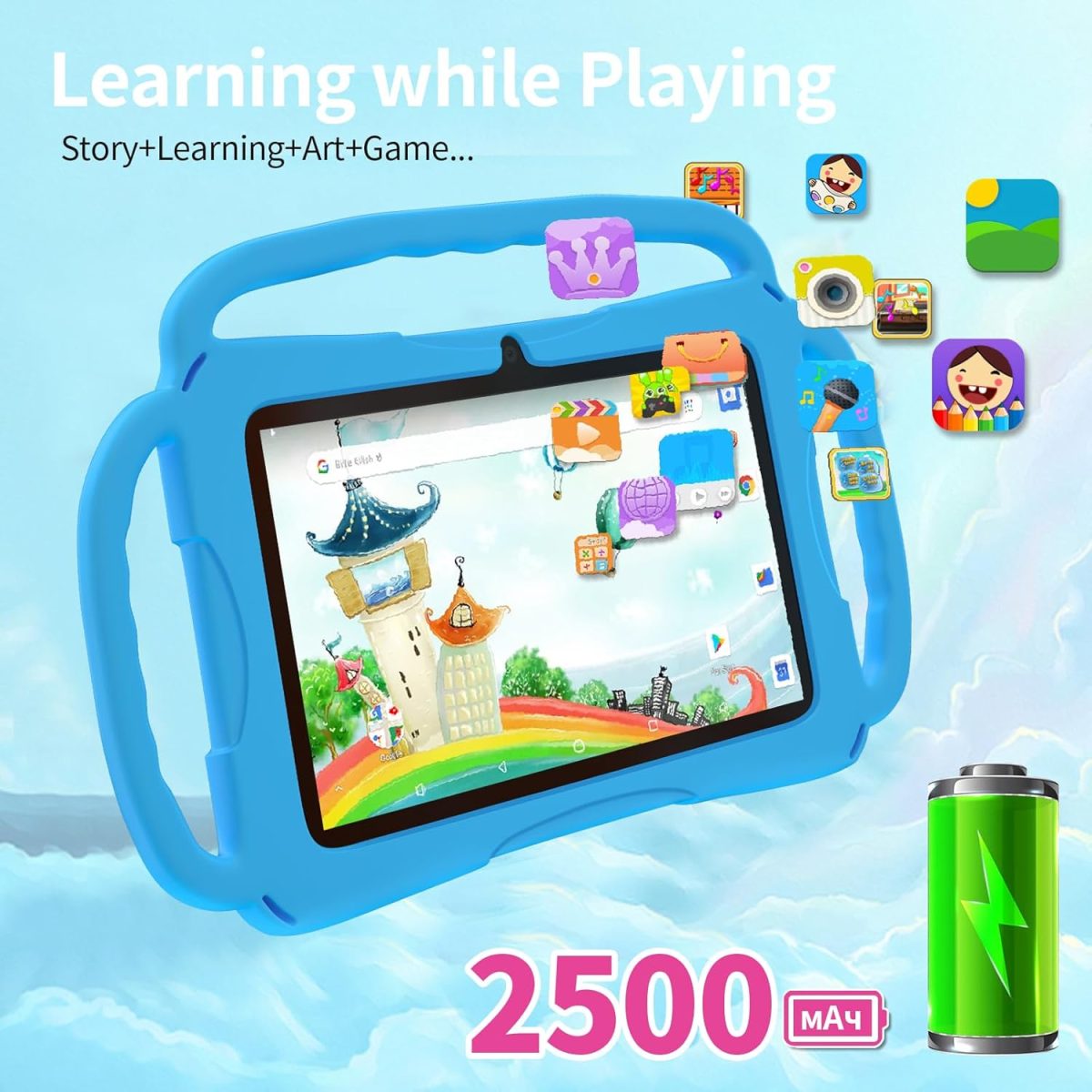 ⁦7 inch Kids Tablet, Quad Core Android 12 2GB 32GB, Parental Control, Eye Protection, Shockproof Case, Dual Camera, WiFi, Bluetooth, Learning Tablet for Kids - K4 (Blue)⁩ - الصورة ⁦7⁩