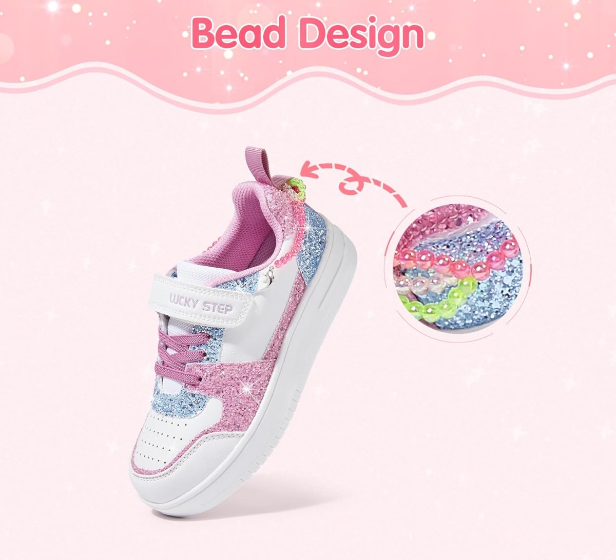 ⁦LUCKY STEP Girl's Glitter Sneakers Slip On Hook and Loops Athletic Sparkly Beads Casual Tennis School Party Cute Running Shoes for Children/Girls/Kids⁩ - الصورة ⁦3⁩