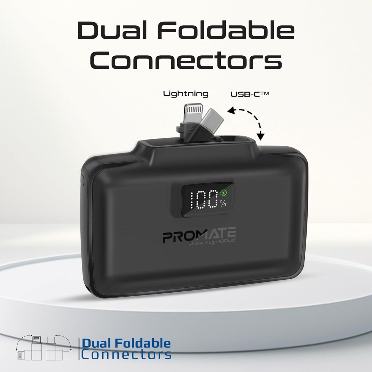 ⁦Promate 10000mAh Power Bank, Compact with 20Watt USB-C™ In/Out Foldable Connector, 20Watt Lightning Foldable Connector, Ultra-Fast 20Watt USB-C™In/Out Port, Charge Protection, LED Display (Black)⁩ - الصورة ⁦3⁩