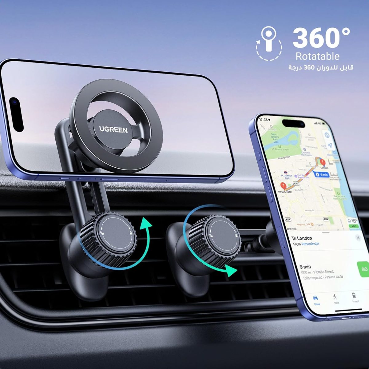 ⁦UGREEN Car Phone Holder Car Mount, [360° Rotation for Air Vent], One-hand Auto Lock, Metal Hook Grey Mobile Holder, Fit for iPhone 16/15/14/13, Samsung S25/24/23, 5.8-7.2" Smartphone Accessories⁩ - الصورة ⁦6⁩