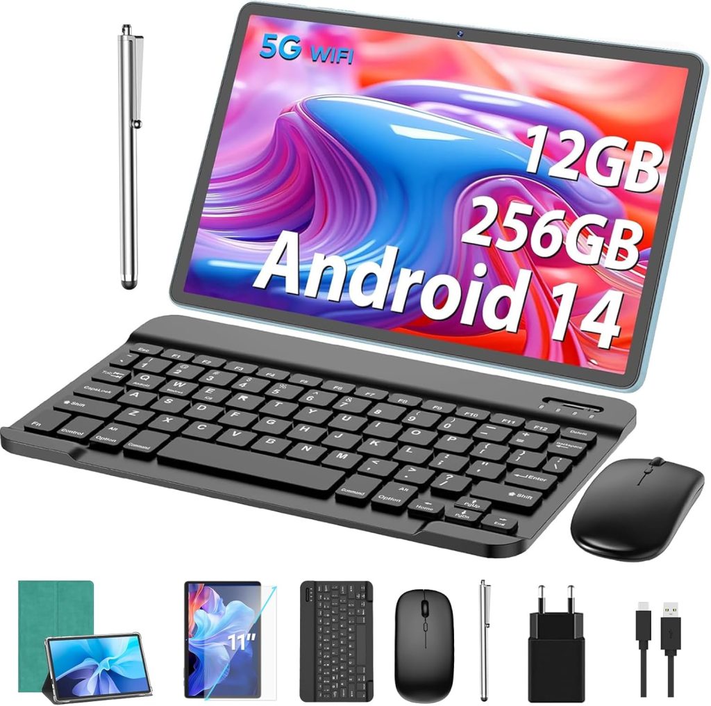 Android Tablet, 11 Inch Tablet Android 14 with Keyboard, 12GB + 256GB, 1TB Expand, Tablet PC with Octa-Core, 8000mAh, 2.4G/5G WiFi, 13MP + 5MP Camera, 2-in-1 Tablet with Keyboard Bag, Mouse, Stylus