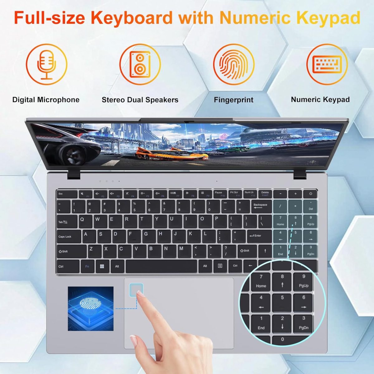 ⁦GINA 15 15.6" FHD Laptop Compter, Windows 11 Pro for Students, Intel Quad-Core N100, 16GB DDR5 RAM, 1TB SSD, Free MS Office, Fingerprint, Numeric Keypad, Type-C, HDMI, USB 3.2, 2-Year Warranty⁩ - الصورة ⁦6⁩