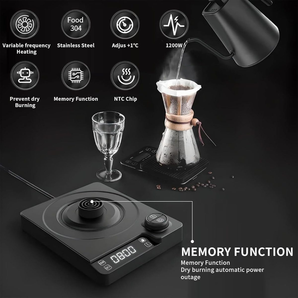 ⁦Pomefar Electric Gooseneck Kettle,Tea & Coffee Kettle with Precision Temp Control, 1200W Rapid Heating 304 Stainless Steel 1L Gooseneck kettle, 24H Keep Warm, Auto Shut-Off, Matte Black⁩ - الصورة ⁦7⁩