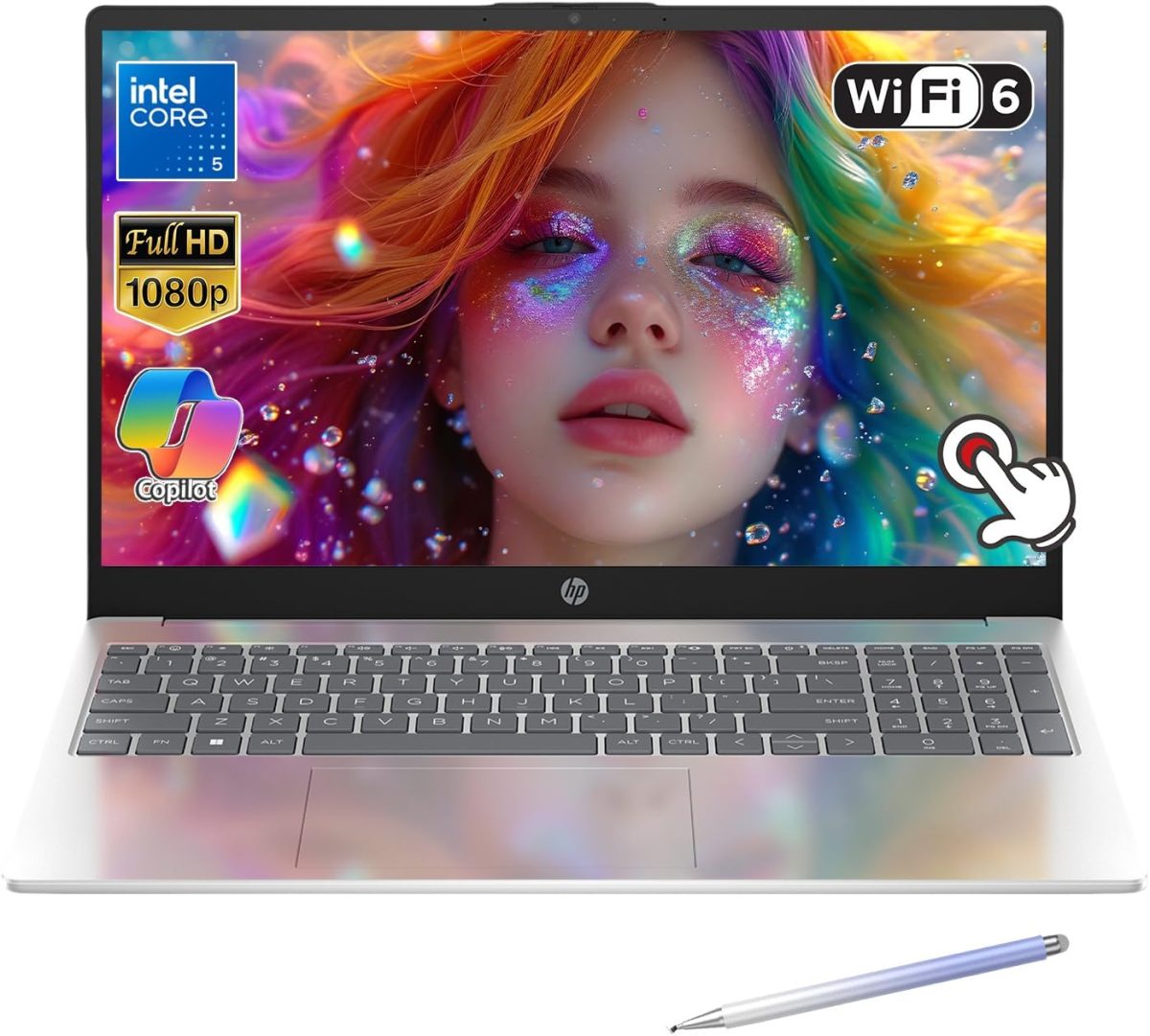 HP 15.6" Touchscreen Laptop – FHD 1080p IPS Display - Intel Core 5 Processor - Wi-Fi 6 - Webcam - Windows 11 Home Copilot – w/Stylus (16GB RAM | 1TB PCIe SSD)