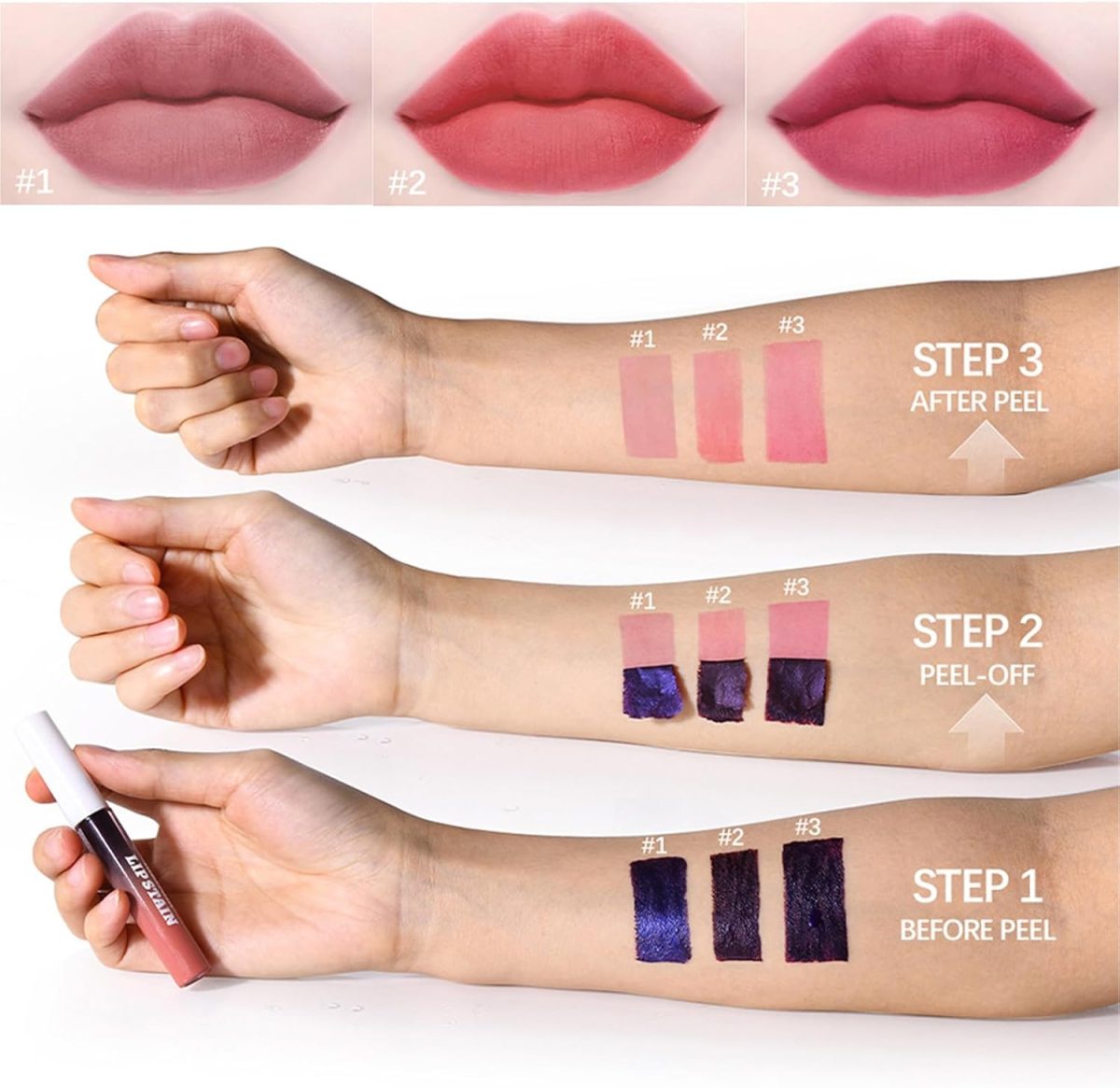 ⁦Lip Stain Peel Off, 3 Colors Lip Tint Peel Off, Matte Peel Off Lip Stain, Non-Stick Cup Tattoo Color Lip Gloss Set, Waterproof Long Lasting Lip Makeup for Women Girls⁩ - الصورة ⁦5⁩