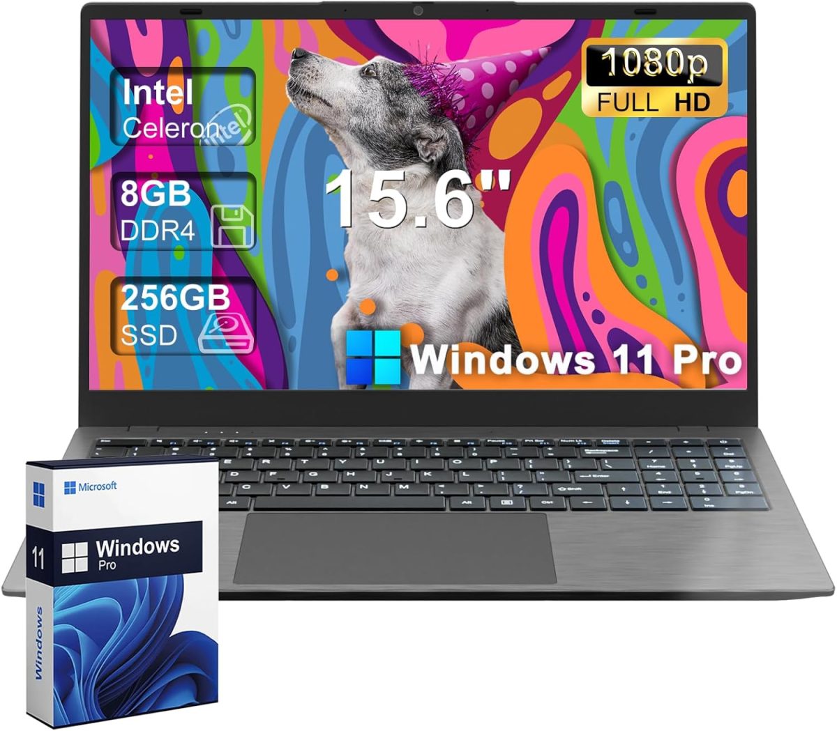 2025 Laptop Computer 15 15.6" FHD 1920 X 1080 Display for College Students Business, 8GB DDR4 RAM 256GB SSD, Dual-Core Intel Celeron, USB 3.2, Numeric Keypad, Windows 11 Pro, Slim Portable, Gray