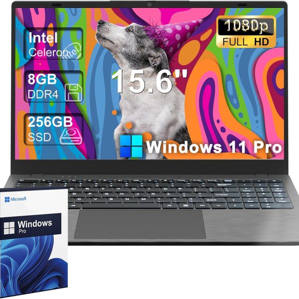 2025 Laptop Computer 15 15.6" FHD 1920 X 1080 Display for College Students Business, 8GB DDR4 RAM 256GB SSD, Dual-Core Intel Celeron, USB 3.2, Numeric Keypad, Windows 11 Pro, Slim Portable, Gray