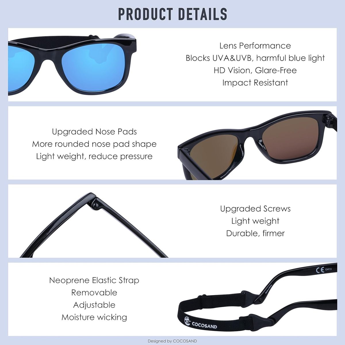 ⁦COCOSAND Toddler Sunglasses with Strap Polarized Retro Square Soft Silicone Nose Pads Baby Boys Girls Age 0-24 Months⁩ - الصورة ⁦5⁩