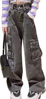 SEAUR Girls Kids Jeans Loose Wide-Leg Denim Pants Baggy Straight Elastic Waist Ripped Jeans Stretchy Vintage Casual Trousers with Pockets Age 5-14 Years