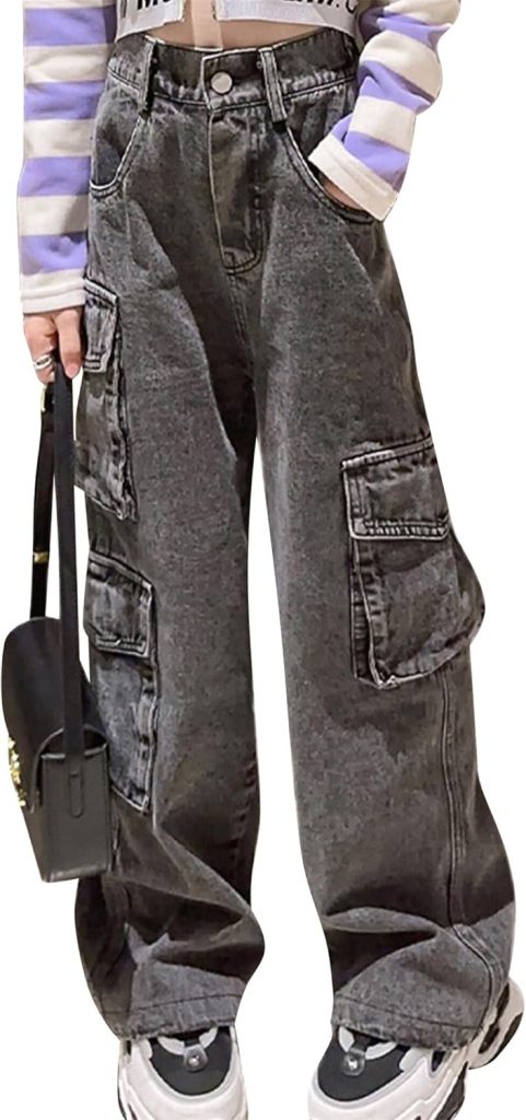 SEAUR Girls Kids Jeans Loose Wide-Leg Denim Pants Baggy Straight Elastic Waist Ripped Jeans Stretchy Vintage Casual Trousers with Pockets Age 5-14 Years